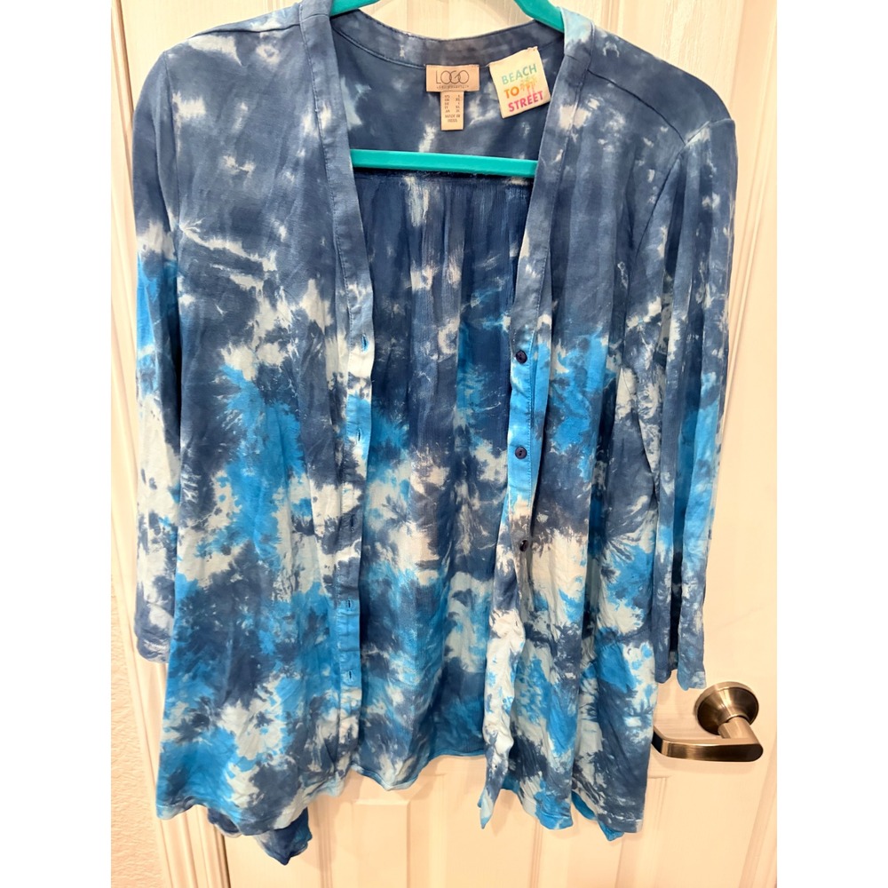 LOGO Lori Goldstein Cardigan Blue Tie Dye Beach to Street Button Up Top Large